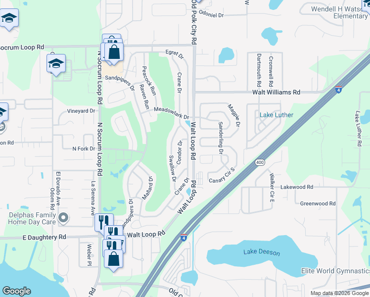 map of restaurants, bars, coffee shops, grocery stores, and more near 6046 Crane Drive in Lakeland