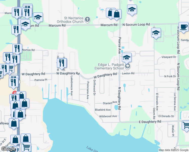 map of restaurants, bars, coffee shops, grocery stores, and more near 327 West Daughtery Road in Lakeland