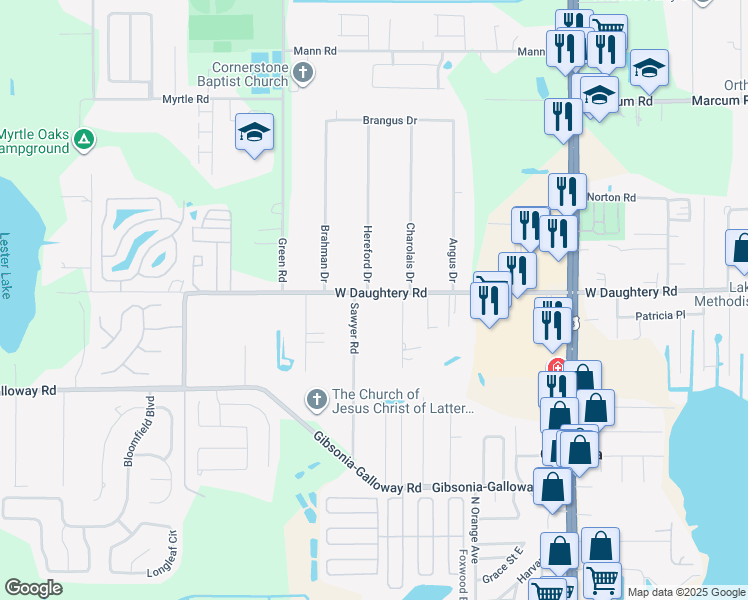 map of restaurants, bars, coffee shops, grocery stores, and more near 1704 West Daughtery Road in Lakeland
