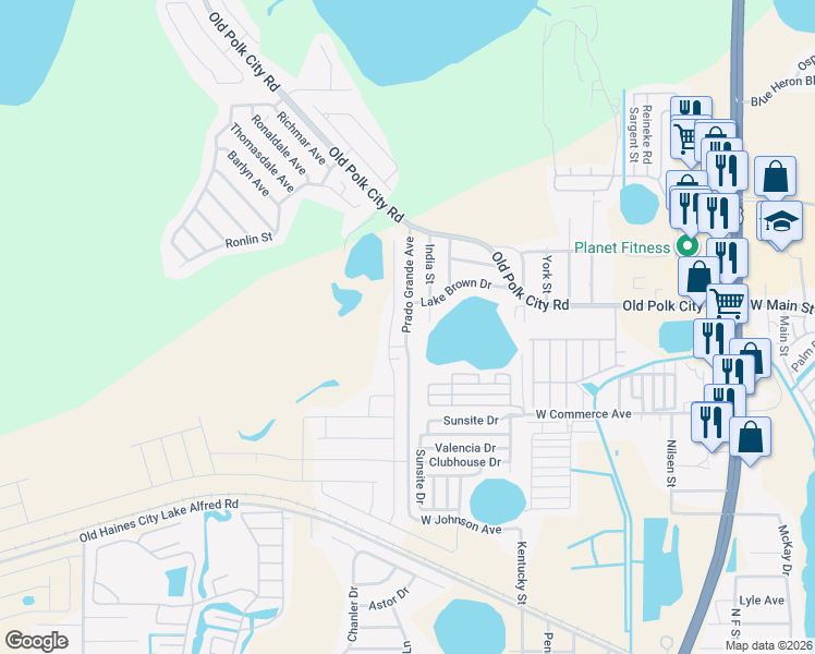 map of restaurants, bars, coffee shops, grocery stores, and more near 909A Prado Grande Street in Haines City