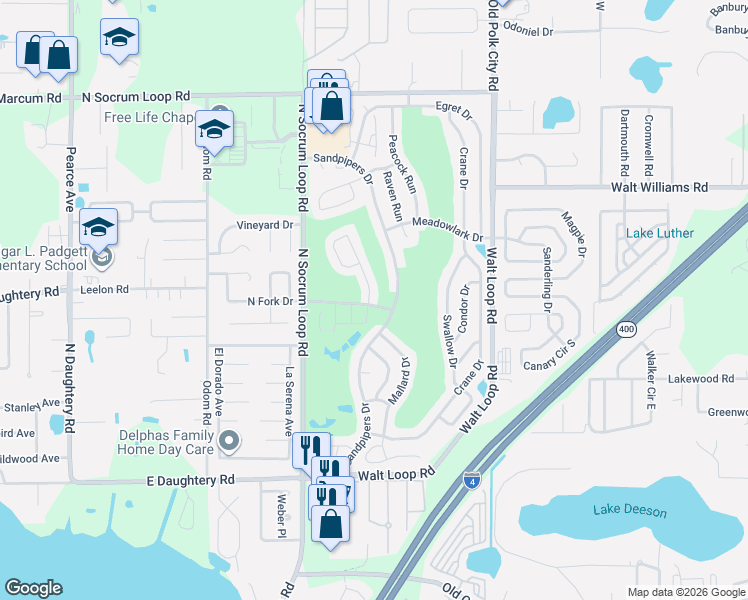 map of restaurants, bars, coffee shops, grocery stores, and more near 6003 Seagull Lane in Lakeland