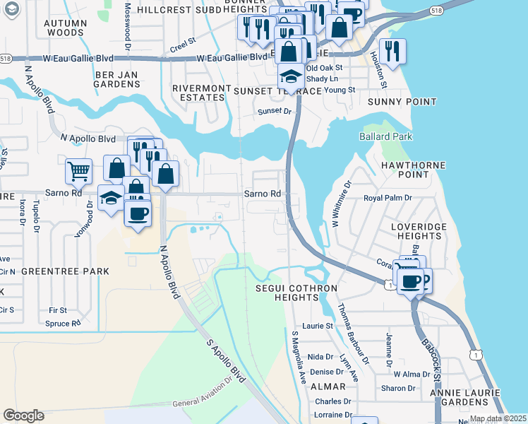 map of restaurants, bars, coffee shops, grocery stores, and more near 872 Adger Smith Lane in Melbourne
