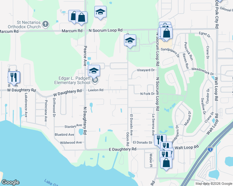 map of restaurants, bars, coffee shops, grocery stores, and more near 241 Leelon Road in Lakeland