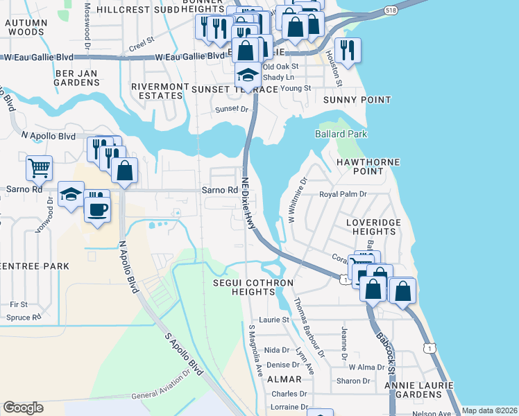 map of restaurants, bars, coffee shops, grocery stores, and more near 829 North Harbor City Boulevard in Melbourne