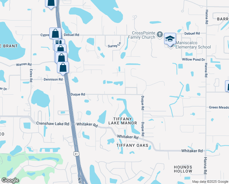 map of restaurants, bars, coffee shops, grocery stores, and more near 5030 Duque Road in Lutz