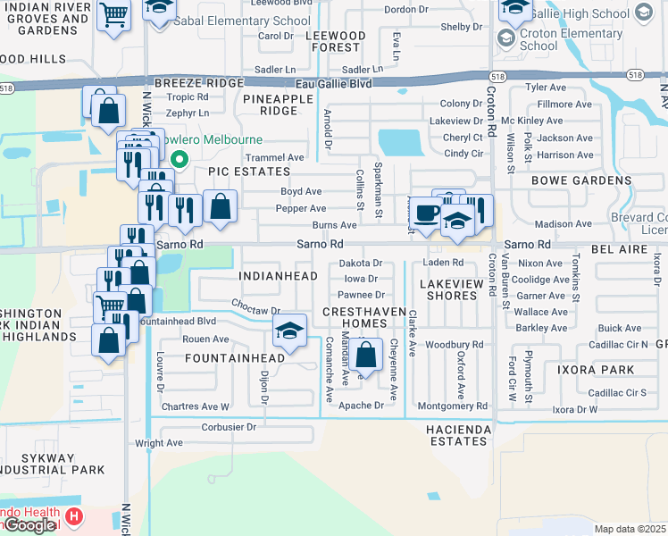 map of restaurants, bars, coffee shops, grocery stores, and more near 2483 Dakota Drive in Melbourne