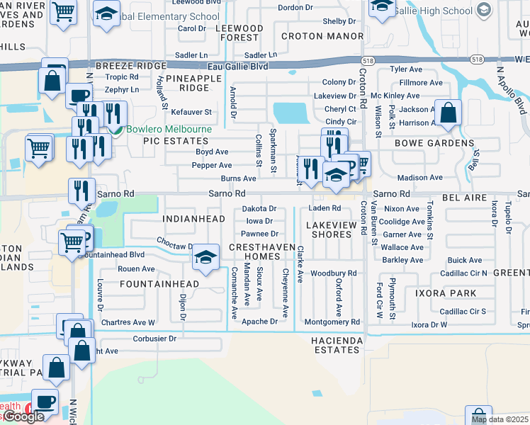 map of restaurants, bars, coffee shops, grocery stores, and more near 2393 Dakota Drive in Melbourne