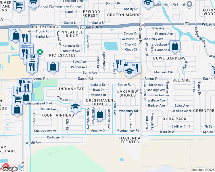 map of restaurants, bars, coffee shops, grocery stores, and more near 2341 Dakota Drive in Melbourne