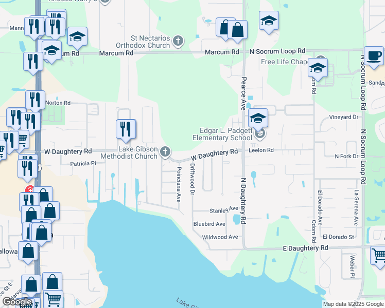 map of restaurants, bars, coffee shops, grocery stores, and more near 329 West Daughtery Road in Lakeland