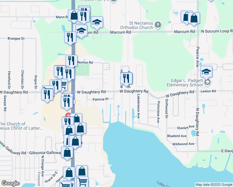 map of restaurants, bars, coffee shops, grocery stores, and more near 642 West Daughtery Road in Lakeland