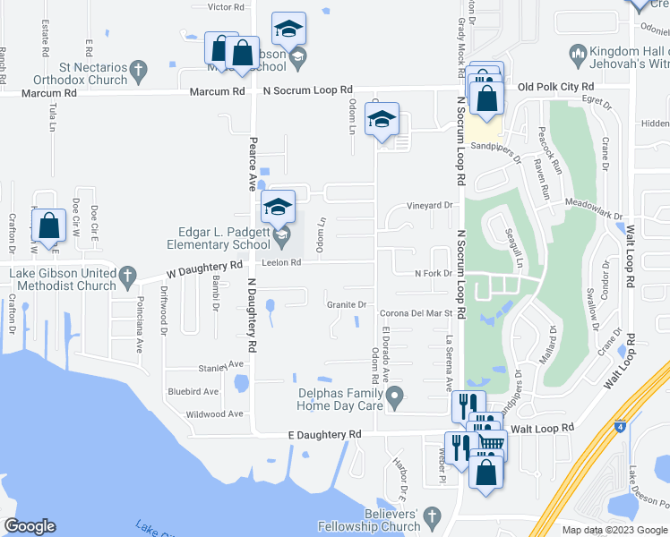 map of restaurants, bars, coffee shops, grocery stores, and more near 227 Leelon Road in Lakeland