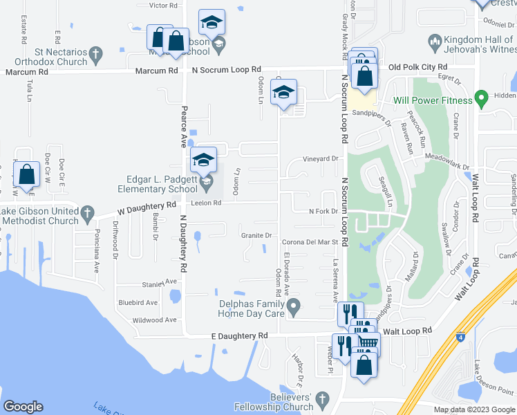 map of restaurants, bars, coffee shops, grocery stores, and more near 253 Leelon Road in Lakeland