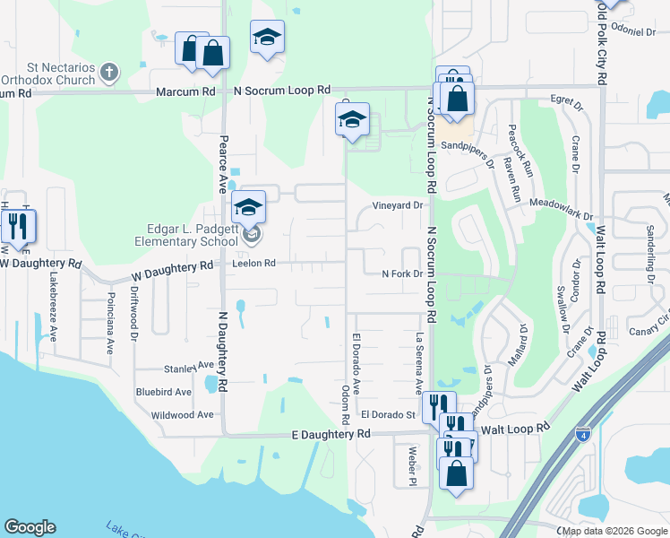map of restaurants, bars, coffee shops, grocery stores, and more near 5842 Odom Road in Lakeland
