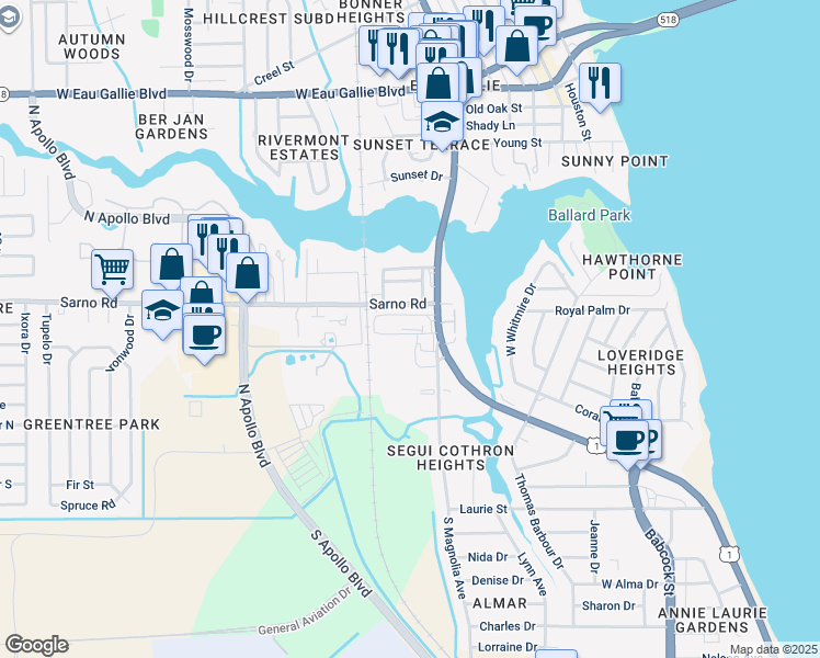 map of restaurants, bars, coffee shops, grocery stores, and more near 872 Adger Smith Lane in Melbourne