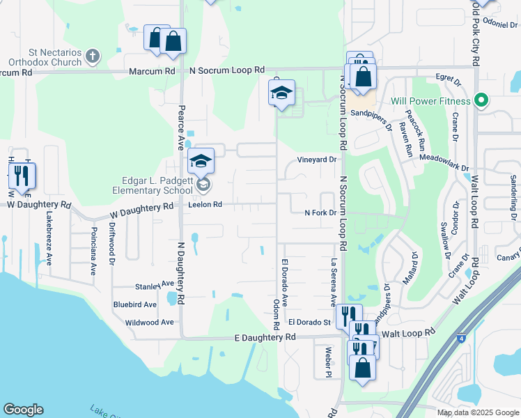 map of restaurants, bars, coffee shops, grocery stores, and more near 5842 Odom Road in Lakeland