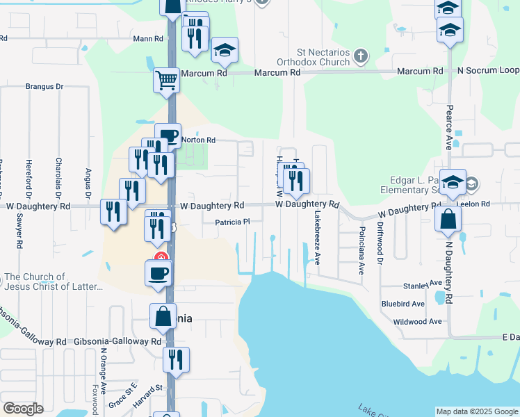 map of restaurants, bars, coffee shops, grocery stores, and more near 642 West Daughtery Road in Lakeland