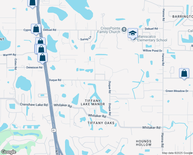 map of restaurants, bars, coffee shops, grocery stores, and more near 500 Duque Road in Lutz