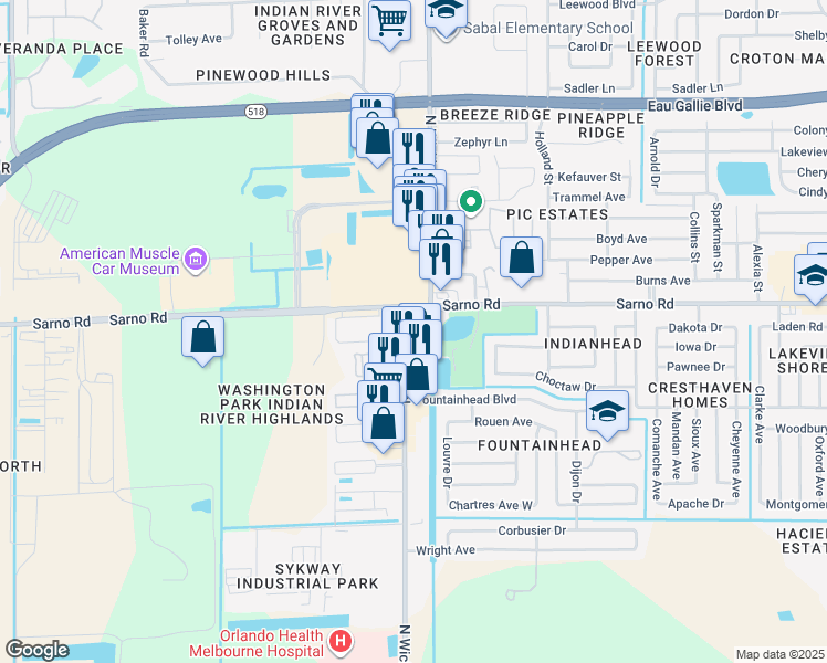 map of restaurants, bars, coffee shops, grocery stores, and more near 850 North Wickham Road in Melbourne