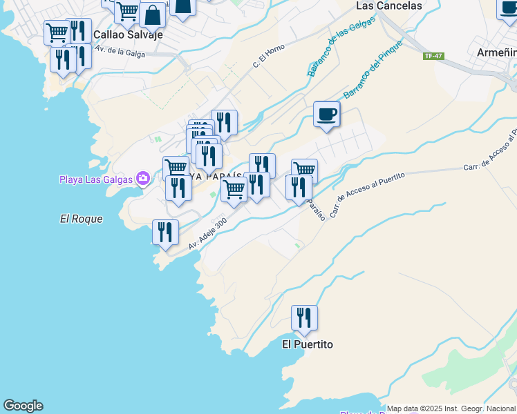 map of restaurants, bars, coffee shops, grocery stores, and more near 30 Avenida Adeje 300 in Adeje