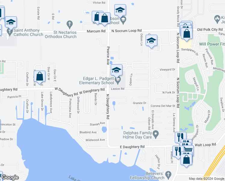 map of restaurants, bars, coffee shops, grocery stores, and more near 115 Leelon Road in Lakeland