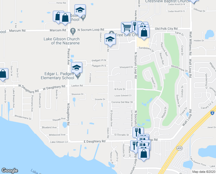 map of restaurants, bars, coffee shops, grocery stores, and more near 5852 Odom Road in Lakeland