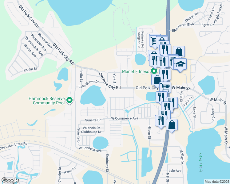 map of restaurants, bars, coffee shops, grocery stores, and more near 1501 Polk City Road in Haines City