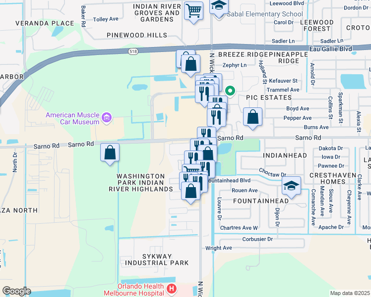 map of restaurants, bars, coffee shops, grocery stores, and more near 2947-2961 Sarno Rd in Melbourne