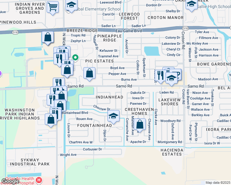map of restaurants, bars, coffee shops, grocery stores, and more near 835 Mohawk Avenue in Melbourne