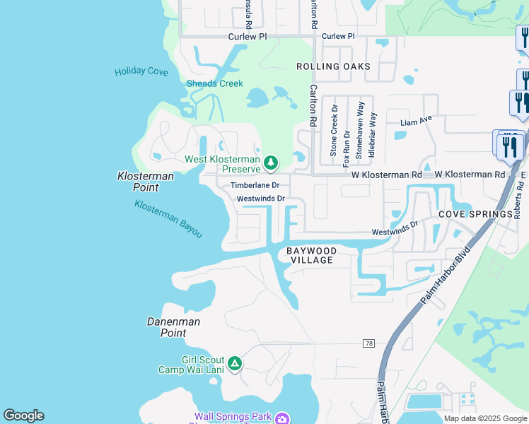 map of restaurants, bars, coffee shops, grocery stores, and more near 405 Driftwood Drive East in Palm Harbor