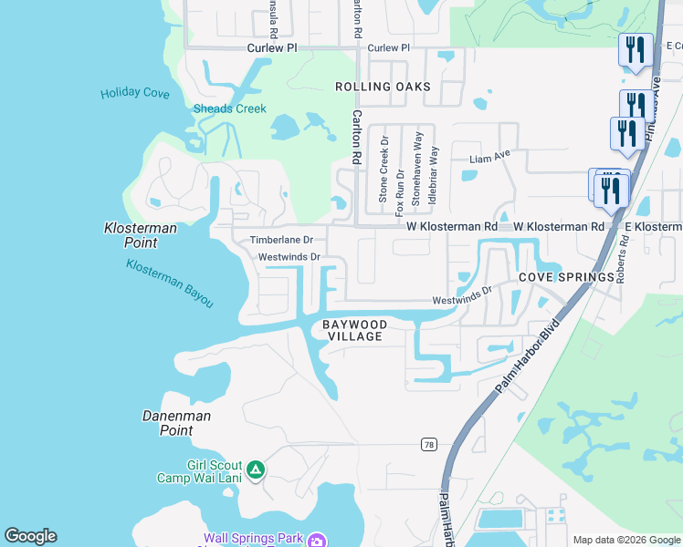 map of restaurants, bars, coffee shops, grocery stores, and more near 314 Circle Drive in Palm Harbor
