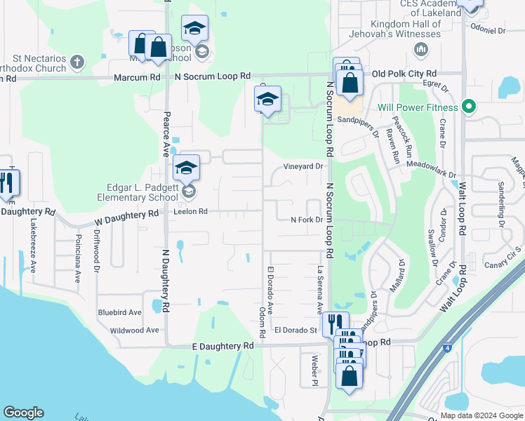 map of restaurants, bars, coffee shops, grocery stores, and more near 6116 Odom Road in Lakeland