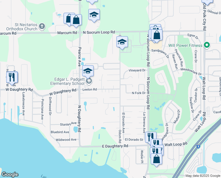 map of restaurants, bars, coffee shops, grocery stores, and more near 248 Leelon Road in Lakeland
