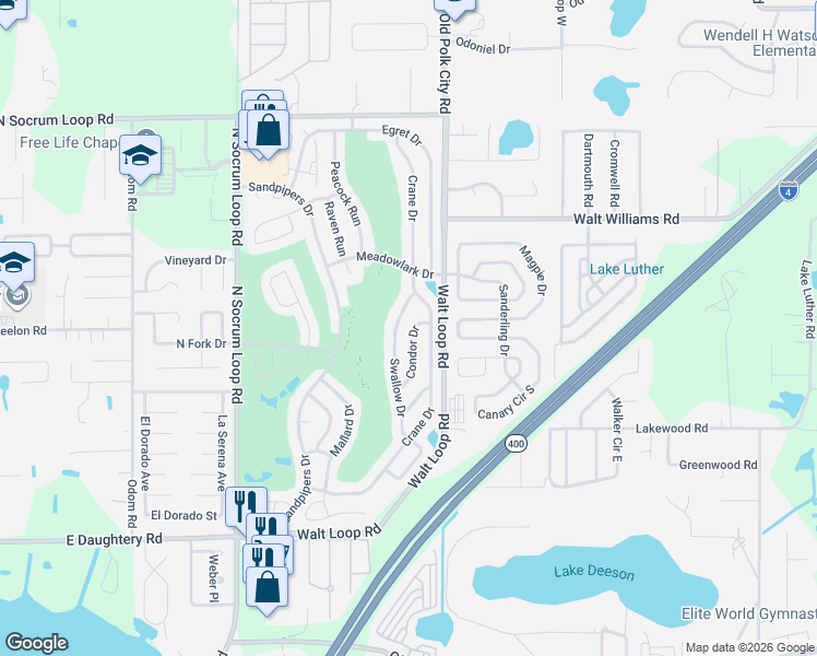 map of restaurants, bars, coffee shops, grocery stores, and more near 6062 Swallow Drive in Lakeland