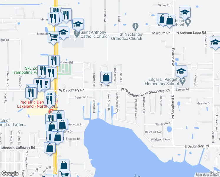map of restaurants, bars, coffee shops, grocery stores, and more near 5909 Hilltop Lane East in Lakeland