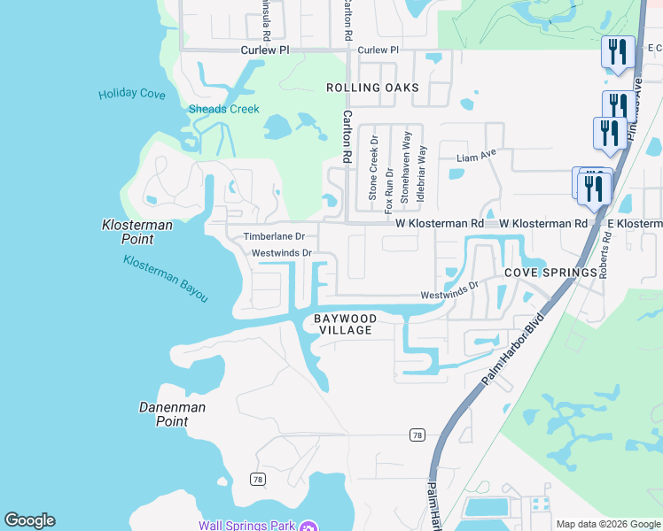 map of restaurants, bars, coffee shops, grocery stores, and more near 320 Circle Drive in Palm Harbor