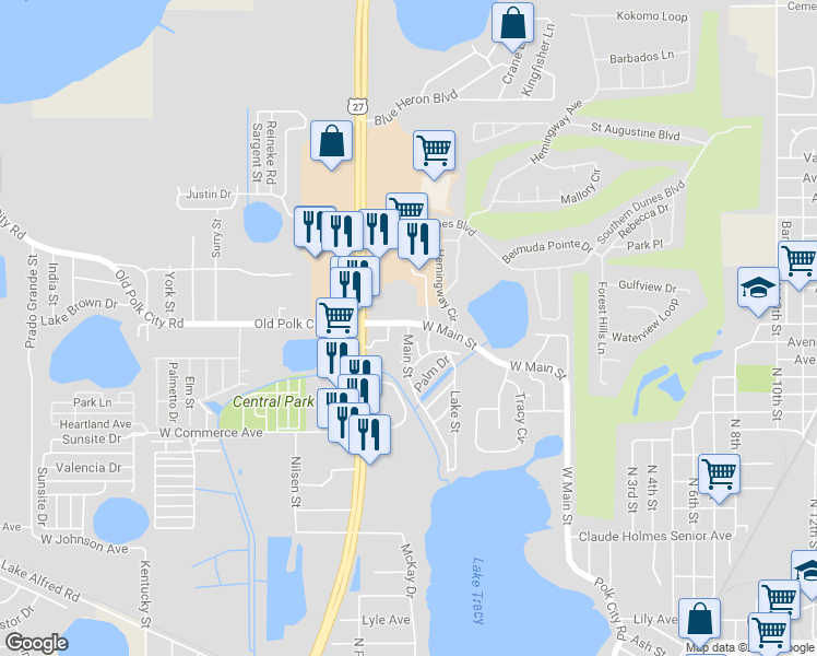 map of restaurants, bars, coffee shops, grocery stores, and more near 969 Main Street in Haines City