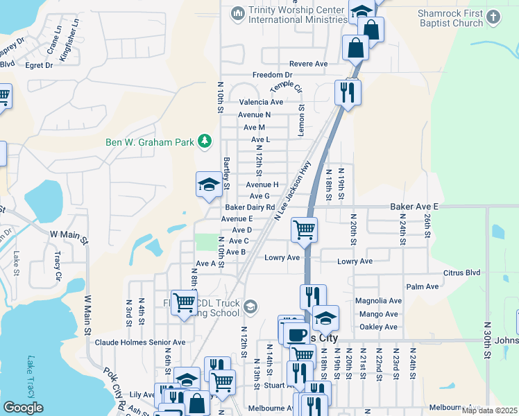 map of restaurants, bars, coffee shops, grocery stores, and more near 1205 Ave F in Haines City