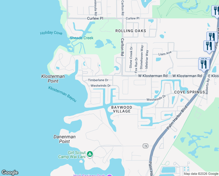 map of restaurants, bars, coffee shops, grocery stores, and more near 240 Timberlane Drive in Palm Harbor