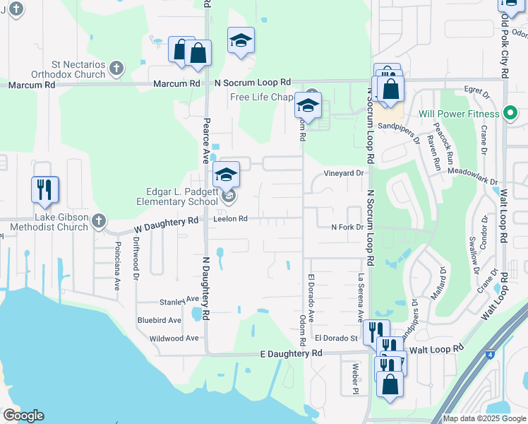 map of restaurants, bars, coffee shops, grocery stores, and more near 212 Leelon Road in Lakeland