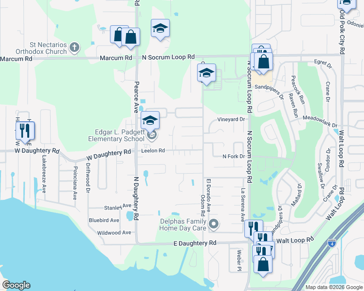 map of restaurants, bars, coffee shops, grocery stores, and more near 230 Leelon Road in Lakeland