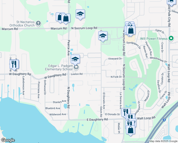 map of restaurants, bars, coffee shops, grocery stores, and more near 218 Leelon Road in Lakeland