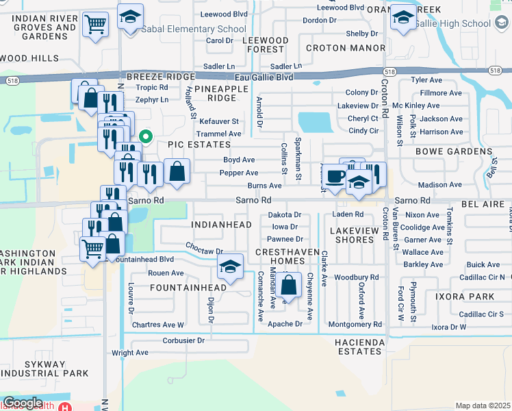 map of restaurants, bars, coffee shops, grocery stores, and more near 2478 Sarno Road in Melbourne