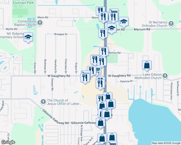 map of restaurants, bars, coffee shops, grocery stores, and more near 6208 US Highway 98 North in Lakeland