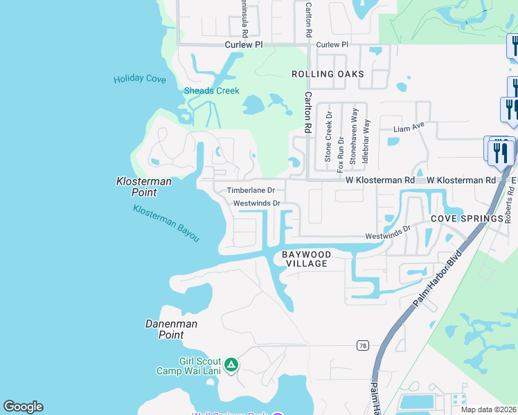 map of restaurants, bars, coffee shops, grocery stores, and more near 224 Timberlane Drive in Palm Harbor