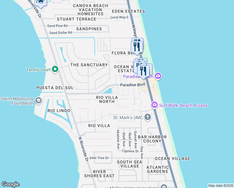 map of restaurants, bars, coffee shops, grocery stores, and more near 335 Paradise Boulevard in Indialantic