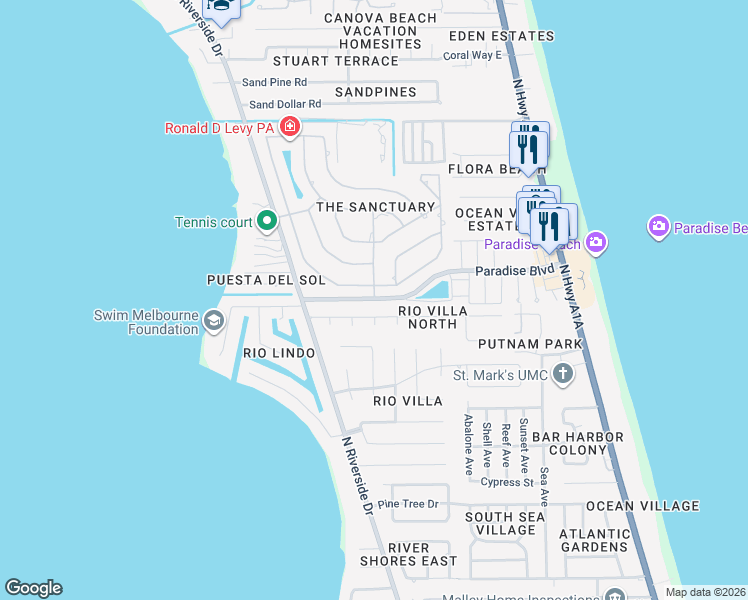 map of restaurants, bars, coffee shops, grocery stores, and more near 472 Peregrine Drive in Indialantic