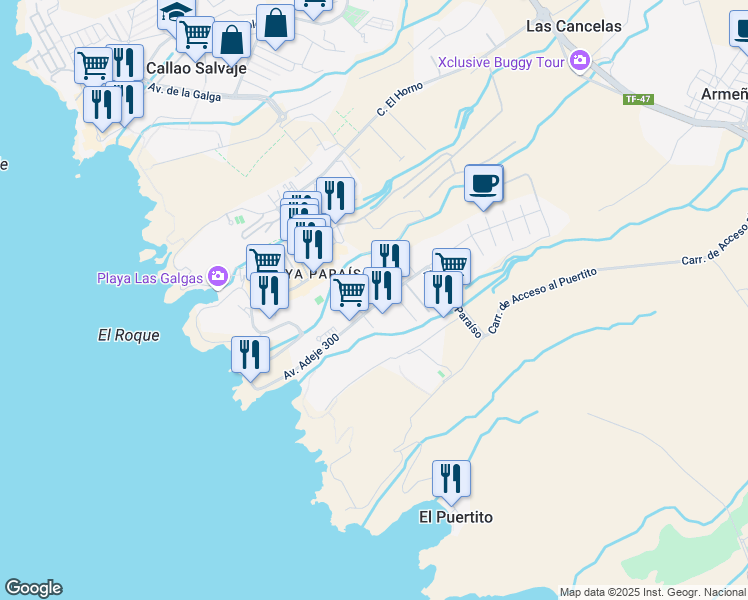 map of restaurants, bars, coffee shops, grocery stores, and more near 17 Avenida Adeje 300 in Adeje