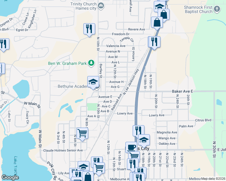 map of restaurants, bars, coffee shops, grocery stores, and more near 1611 North 12th Street in Haines City