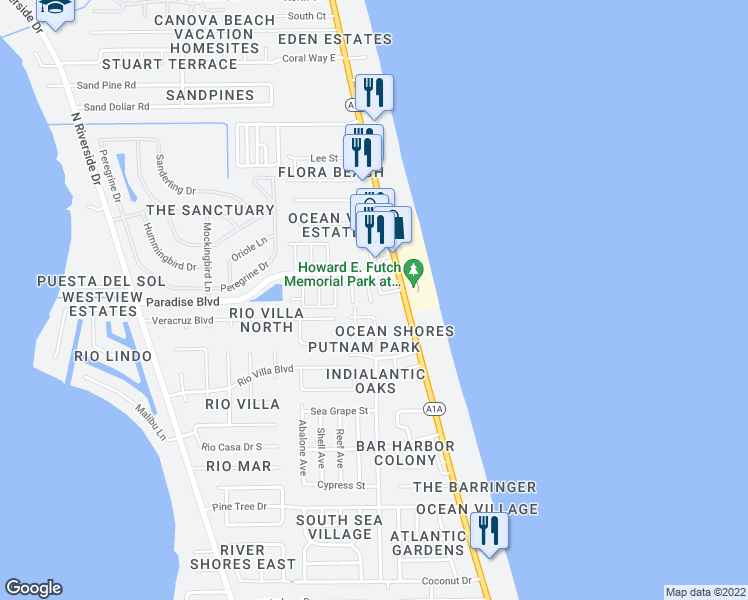 map of restaurants, bars, coffee shops, grocery stores, and more near 2419 Carriage Court in Indialantic