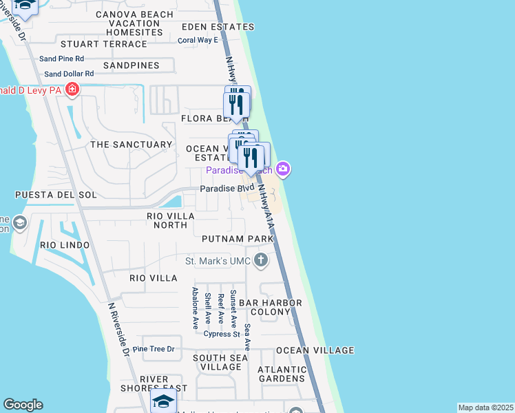 map of restaurants, bars, coffee shops, grocery stores, and more near 2200 North Highway A1A in Melbourne